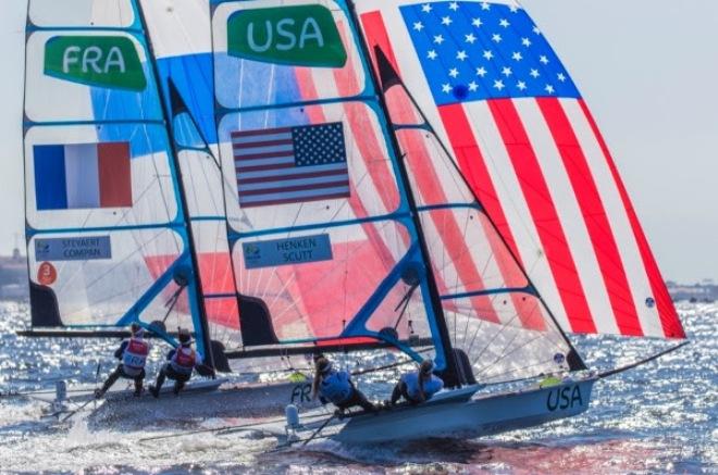 Paris Henken (Coronado, Calif.) and Helena Scutt (Kirkland, Wash.) racing at Rio 2016 in the 49erFX class. © Daniel Forster / US Sailing Team